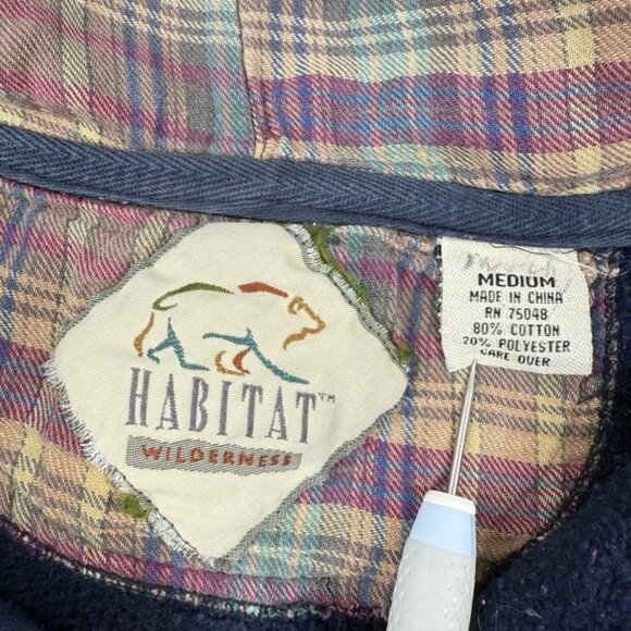 Vintage 90s Habitat Wilderness Hoodie M Embroidered Wolf Plaid Lined Hood Navy - Picture 3 of 16
